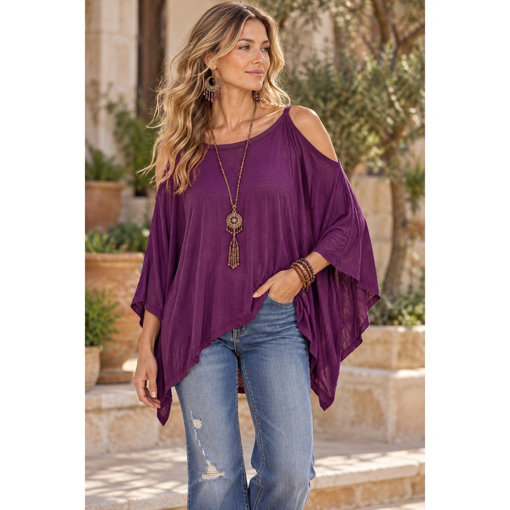 Jenna & Jessie Poncho Top Women XL Purple Rayon Spandex Draped Lagenlook Boho